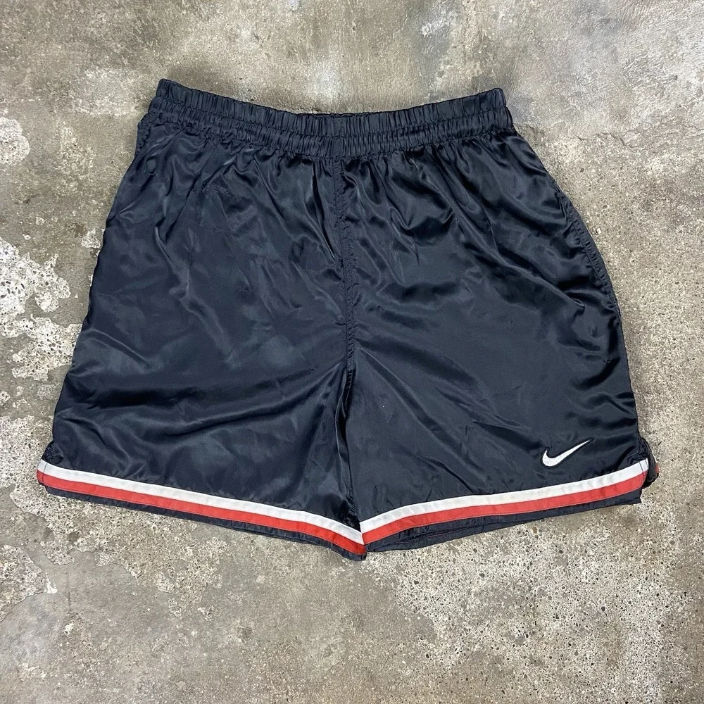 Vintage 90s Nike Nylon Shorts Youth Size Medium Black Drawstring Swoosh Logo